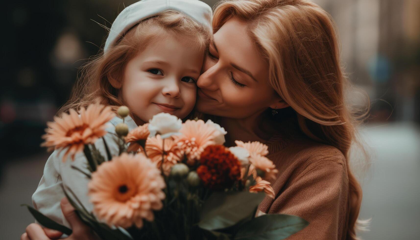 poco ragazza Tenere fiori, abbracciare sua madre e festeggiare La madre di giorno. generativo ai foto