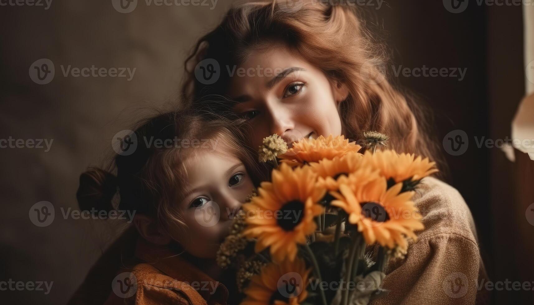 poco ragazza Tenere fiori, abbracciare sua madre e festeggiare La madre di giorno. generativo ai foto