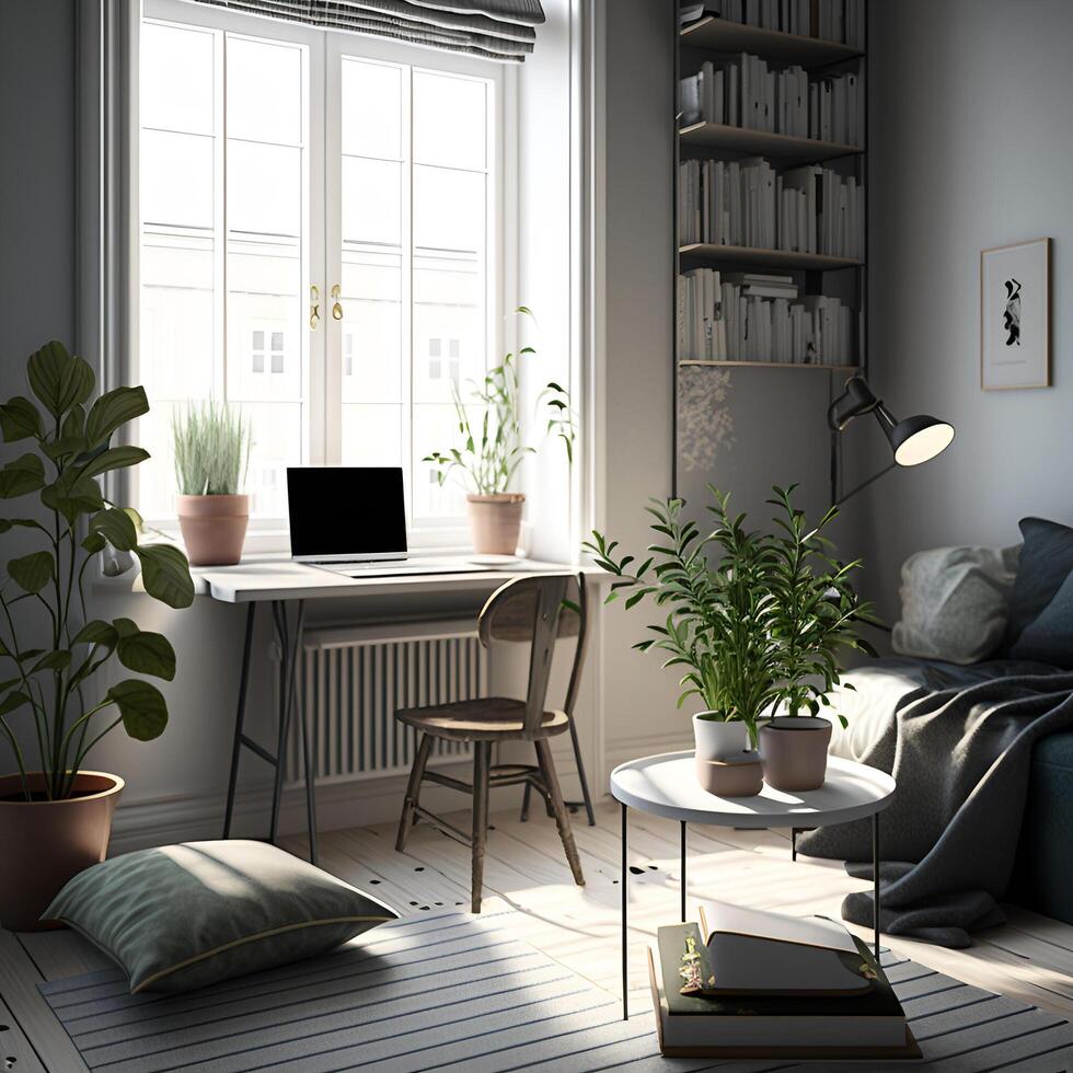 scandinavo stile vivente camera con il computer portatile e libri su il tavolo e asciutto in vaso estetico pianta - ai generato Immagine foto
