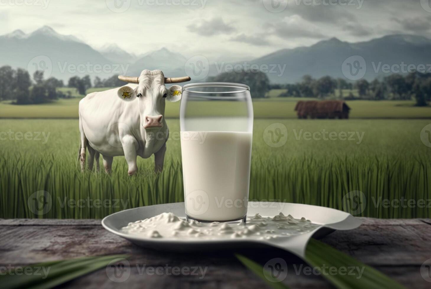 bicchieri e fresco latte su un' di legno tavolo con mucche su un' prato. generativo ai foto