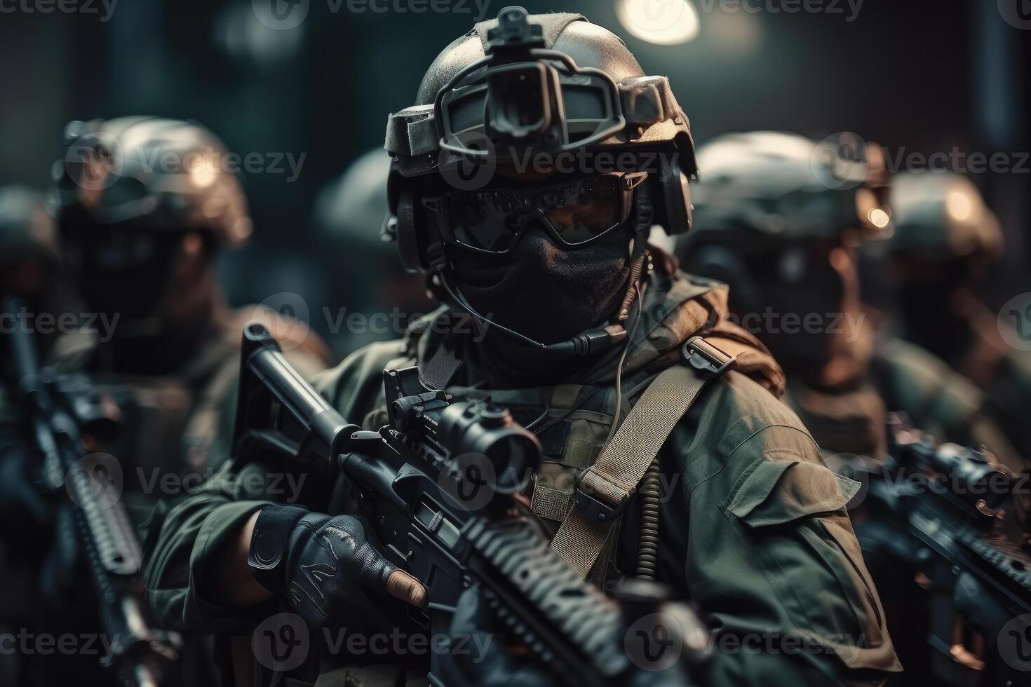 un' attrezzato, pronto futuristico militare vigore con assalto fucili su un' sfocato sfondo. speciale esercito tattico vigore nel guerra formazione. elite speciale militare unità pronto per il campo di battaglia. generativo ai foto