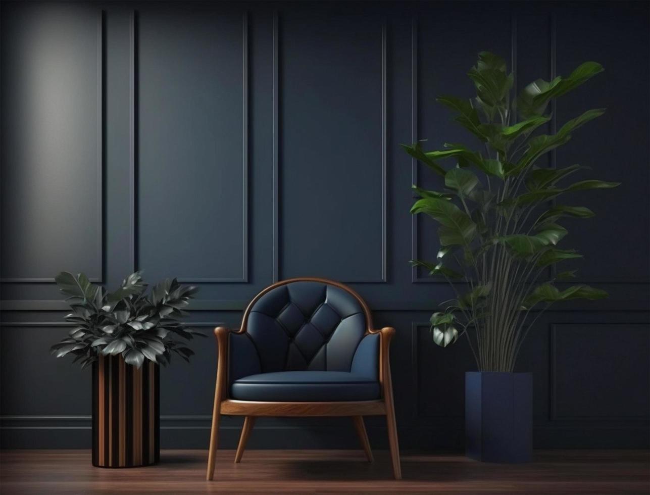 creativo composizione di moderno vivente camera interno modello design con blu divano e elegante casa Accessori. buio blu parete colore. casa messa in scena e pianta. modello. copia spazio. 3d rendere. foto