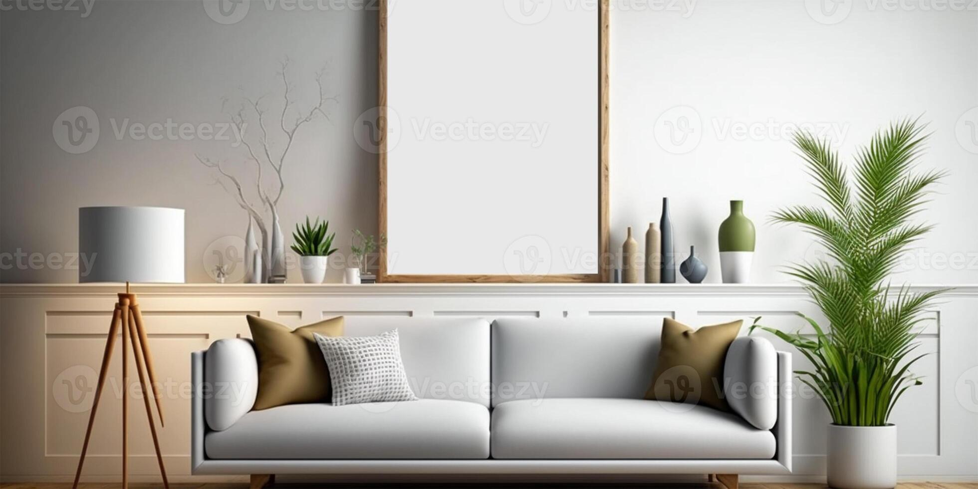 vuoto manifesto parete telaio finto su nel moderno scandinavo stile vivente camera interno. moderno vivente camera interno sfondo, divano e pianta su tavolo, 3d interpretazione generativo ai. foto