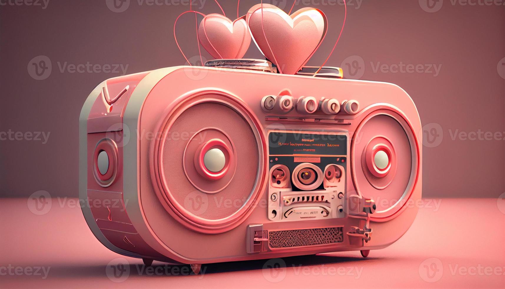 San Valentino giorno amore con musica, stereo, rosso luminosa rosa cuore elemento decorazione. generativo ai. foto