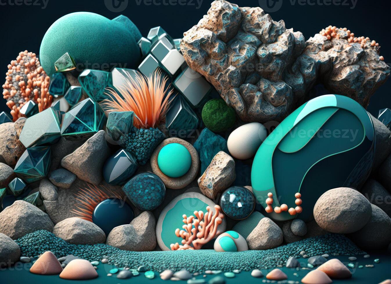 Questo astratto composizione di stratificato geometrico forme nel corallo e malachite colori. parte inferiore di il mare illustrazione. creato con generativo ai tecnologia foto