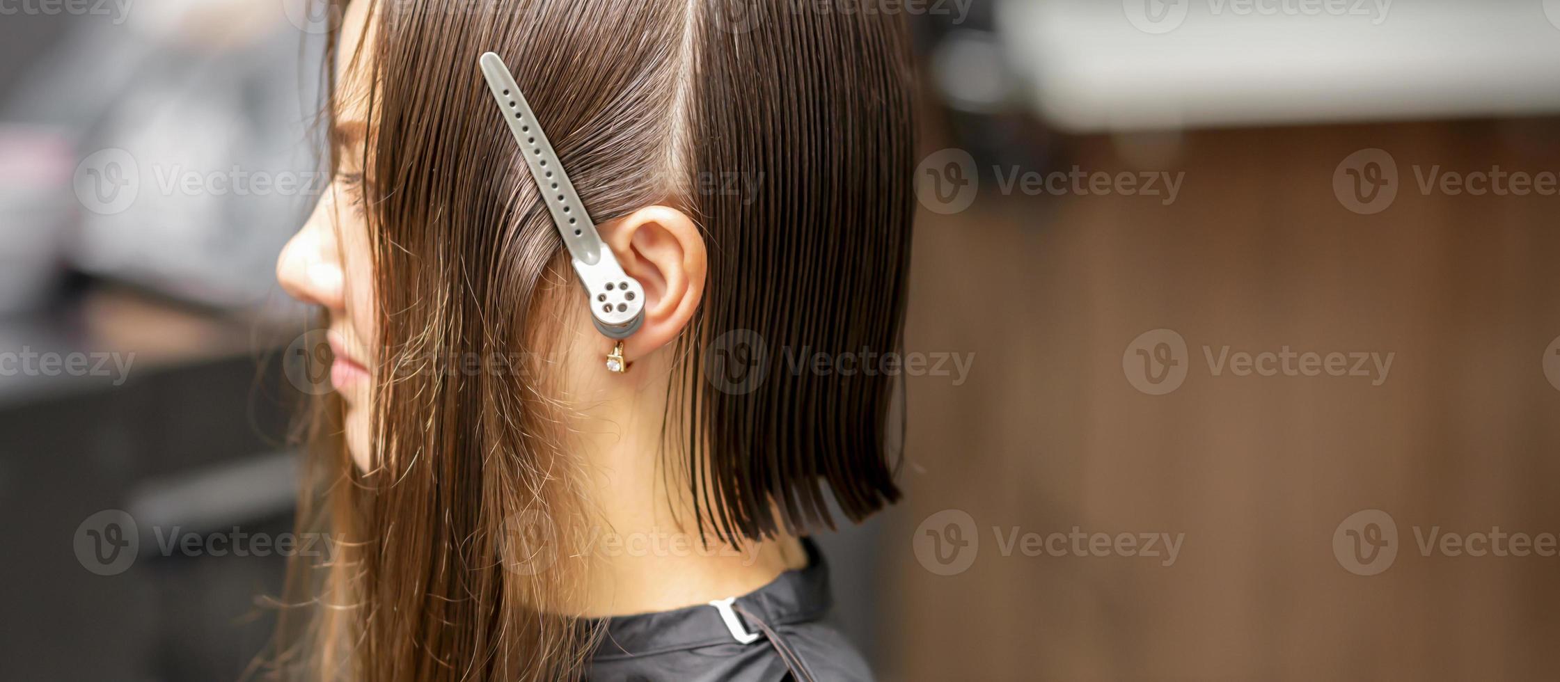 brunetta donna con Diviso capelli foto