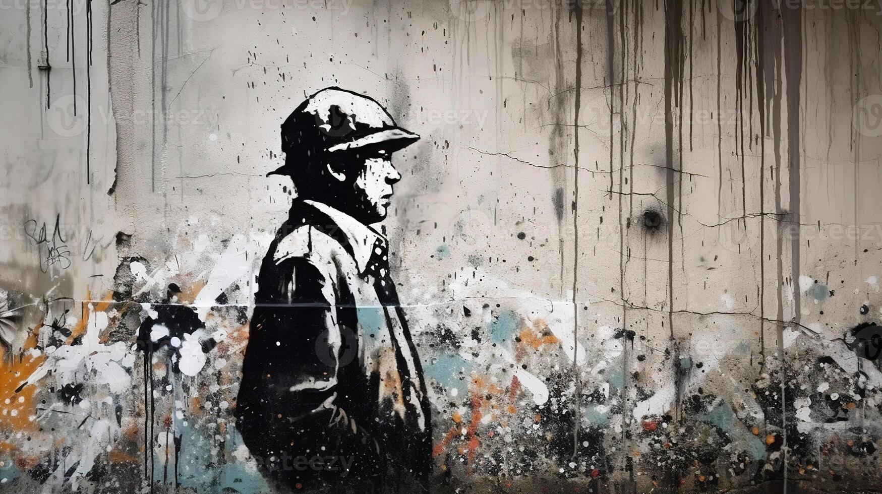 generativo ai, inchiostro nero strada graffiti arte su un' strutturato carta Vintage ▾ sfondo, ispirato di Banksy. foto