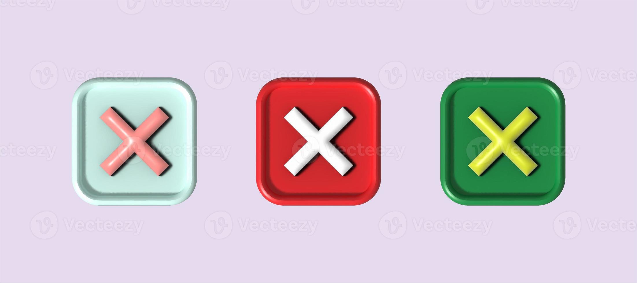 attraversare dai un'occhiata marchio icona pulsante e no o sbagliato simbolo su rifiutare Annulla cartello pulsante . interpretazione 3d. foto