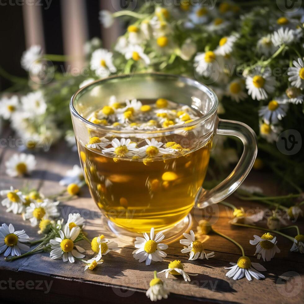 ai generato erbaceo camomilla tè nel bicchiere boccale con camomilla fiori su di legno tavolo nel luce del sole salutare bevande, alternativa medicina generativo ai foto