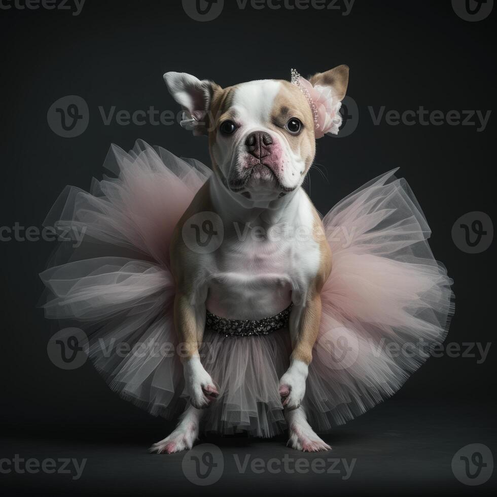 un' cane vestito su nel un' tutu cane su nero sfondo generativo ai foto