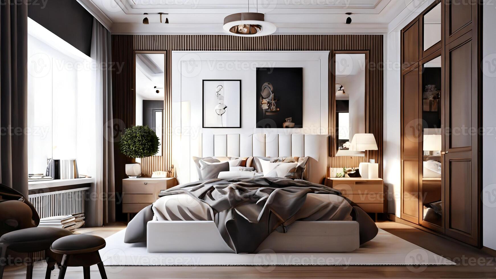interno di un' classico Casa, un' Camera da letto con un' grande letto e buio di legno arredamento, generativo ai. foto