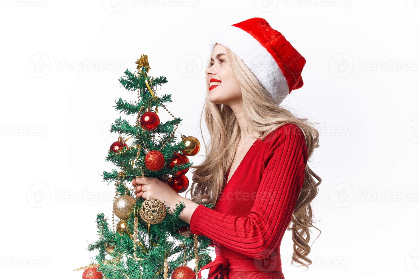 gioioso donna vestito come Santa Natale albero vacanza regalo stile di vita foto