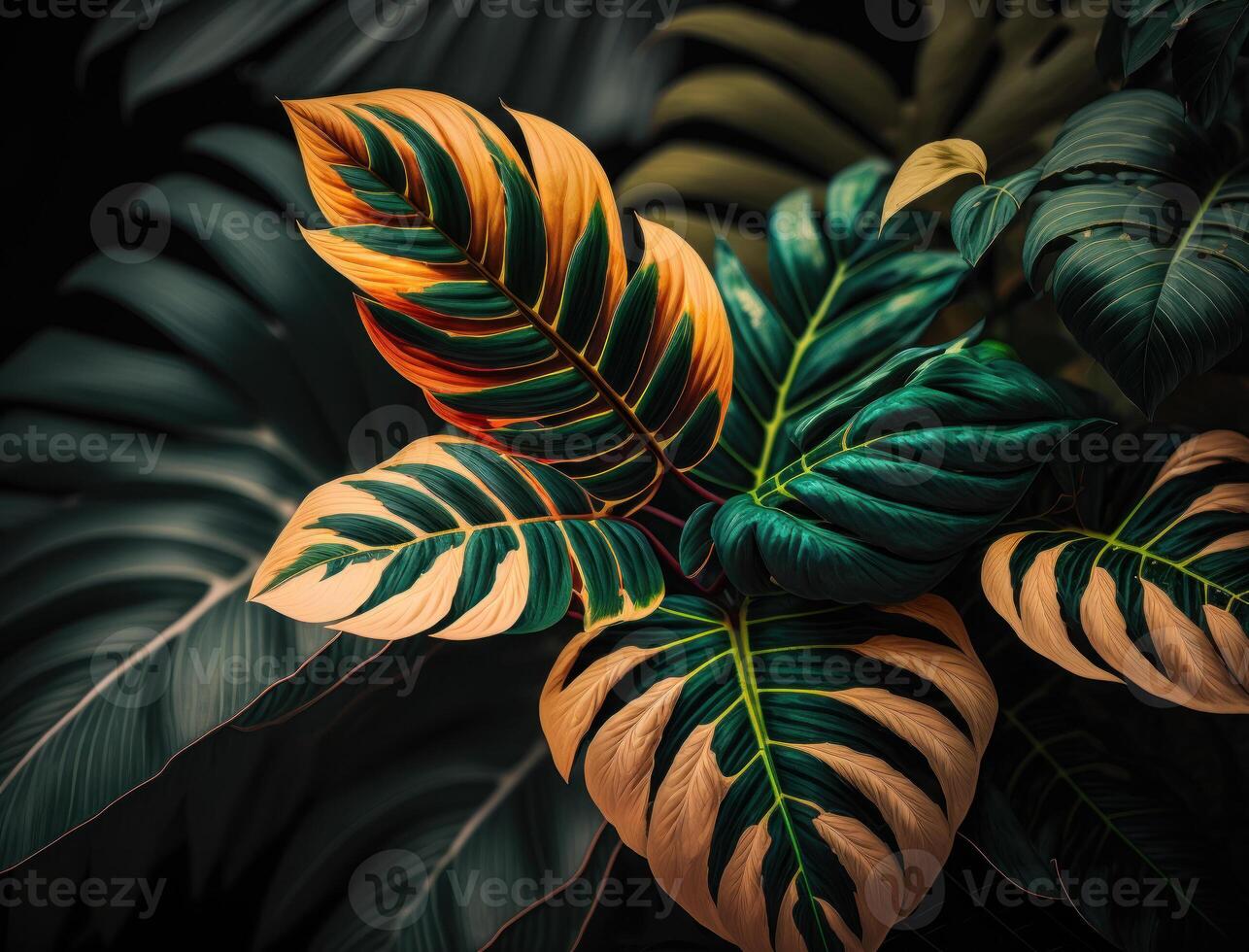 astratto verde tropicale Banana e Monstera le foglie sfondo creato con generativo ai tecnologia foto