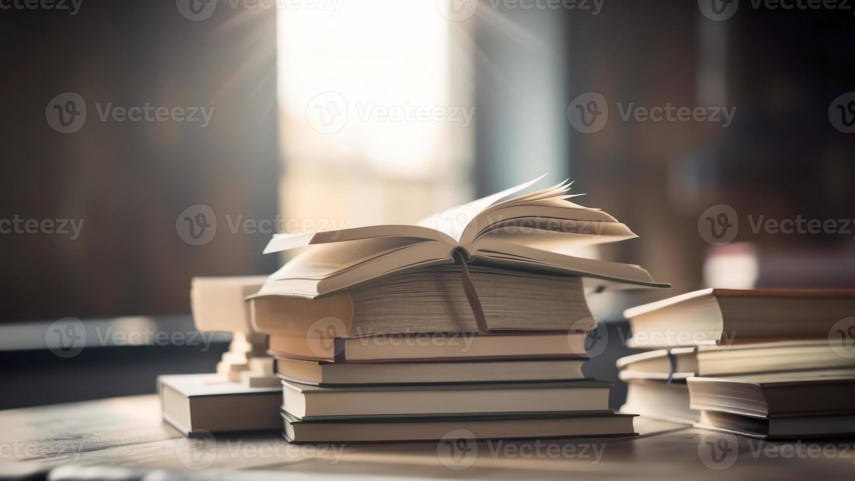 pila di libri su il tavolo un Aperto libro o manuale formazione scolastica letteratura. foto