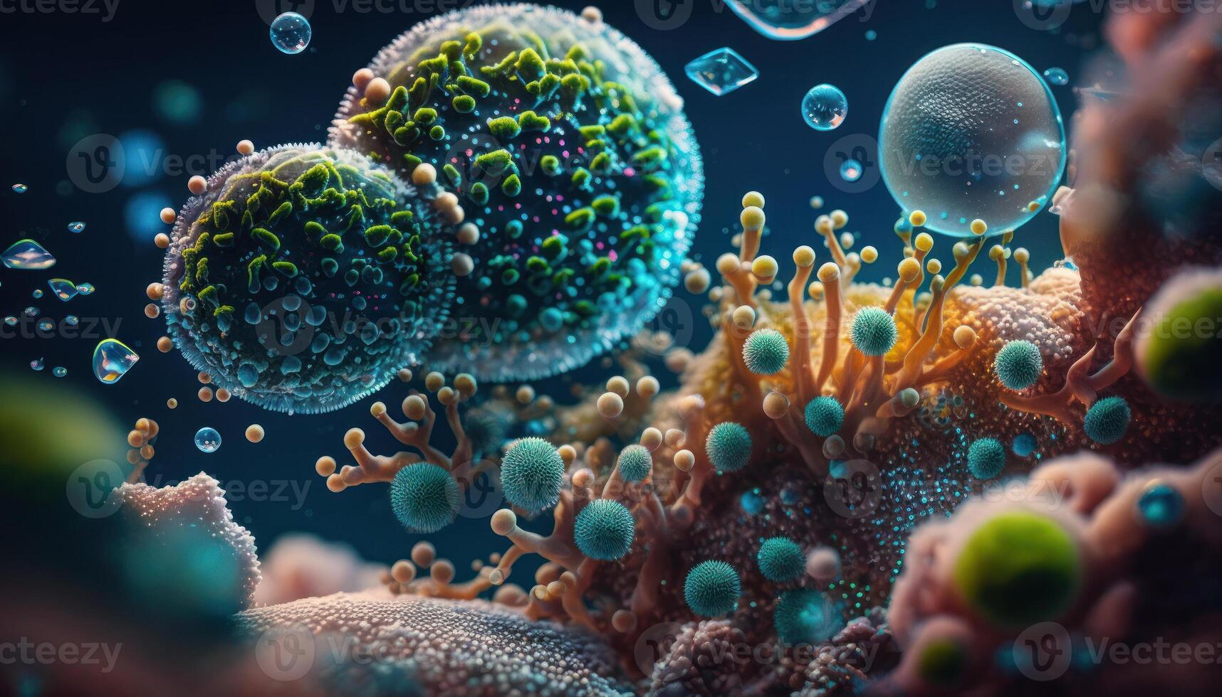 batteri e virus cellule mondo sotto il microscopio creato con generativo ai tecnologia foto