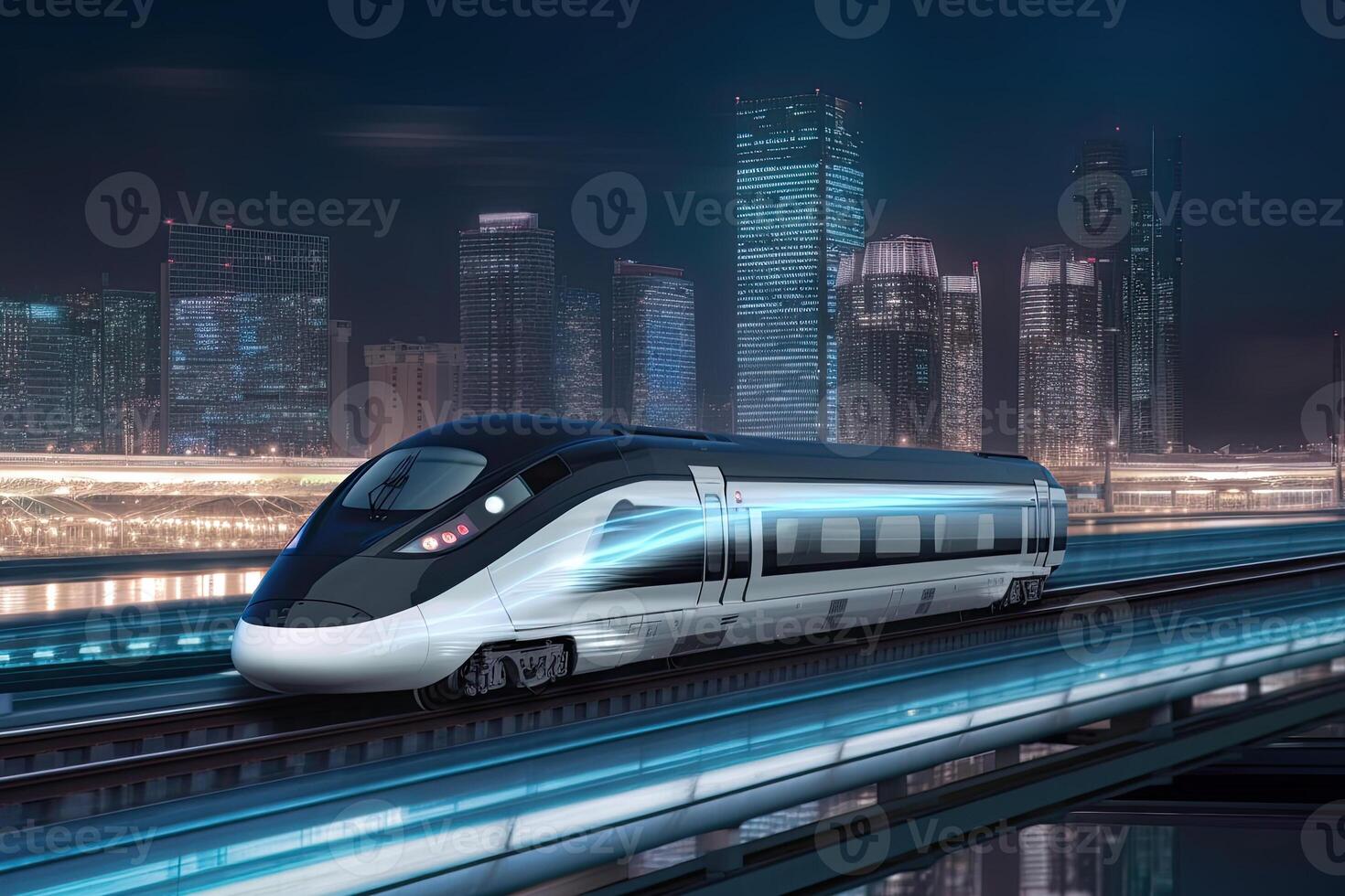 moderno alto velocità treno a notte. veloce treno nel città con movimento sfocatura effetto. generativo ai foto