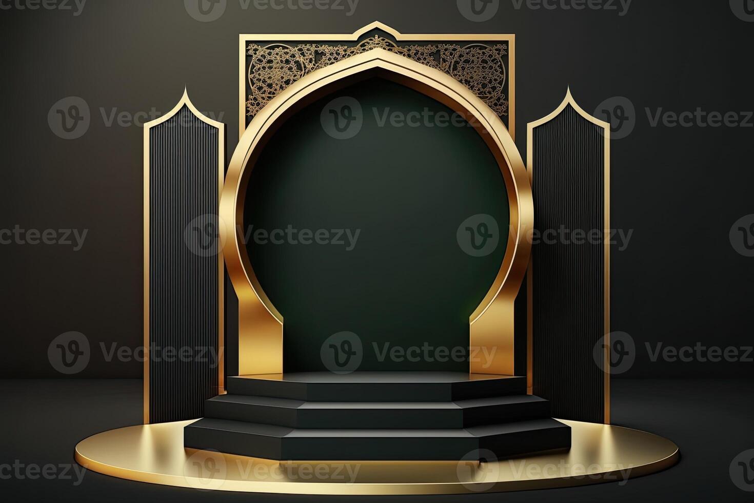 lusso islamico Ramadan podio palcoscenico Prodotto Schermo verde e oro telaio ai generato foto