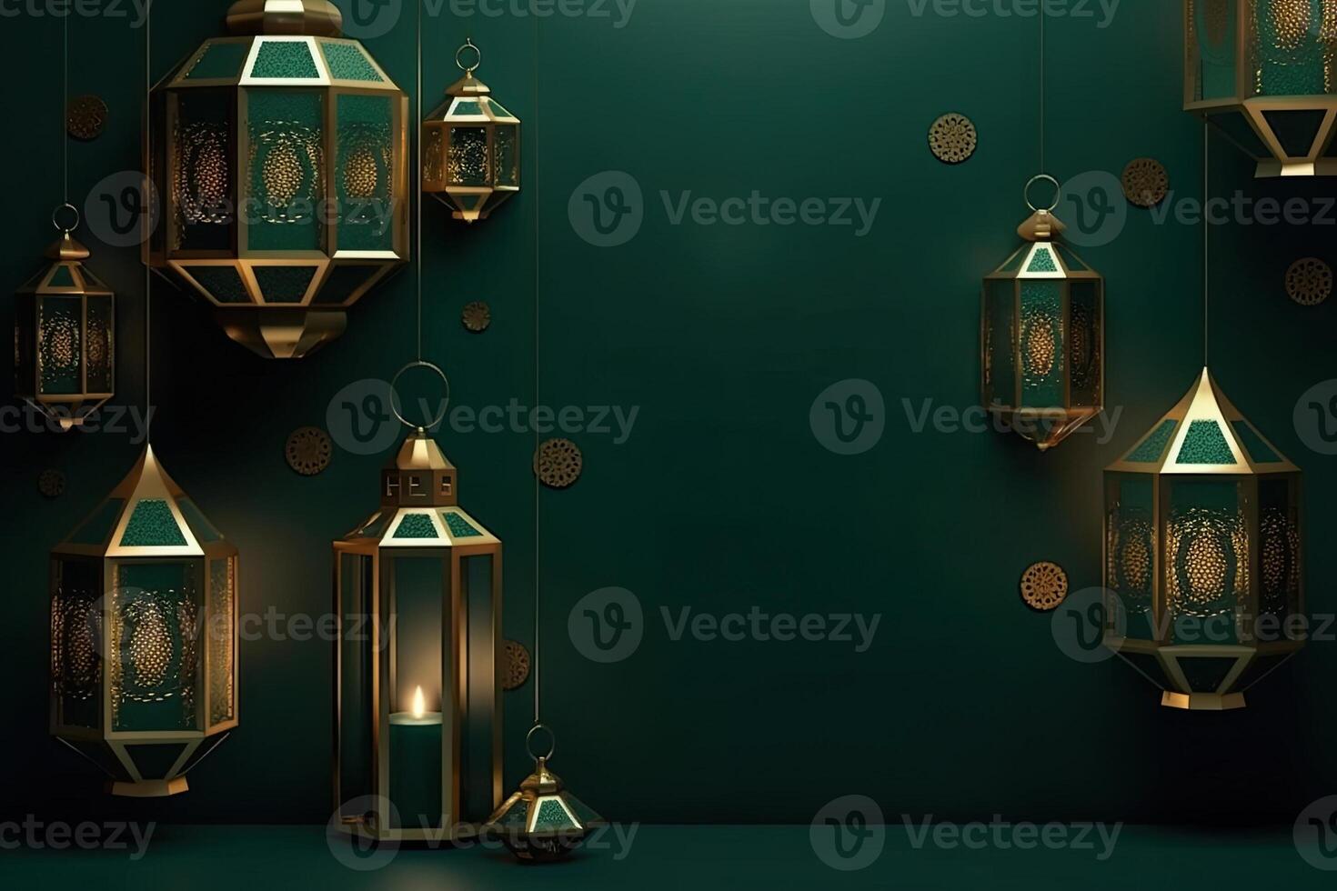 islamico lanterna d'oro e verde lusso ornamento Ramadan kareem celebrazione ai generato foto