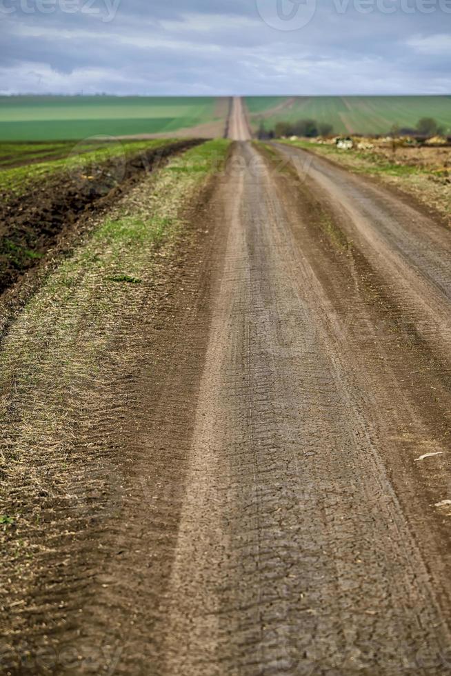 rurale strada scomparsa su il orizzonte attraverso il campo. cielo coperto con bianca e grigio nuvole. sfocato sfondo. foto