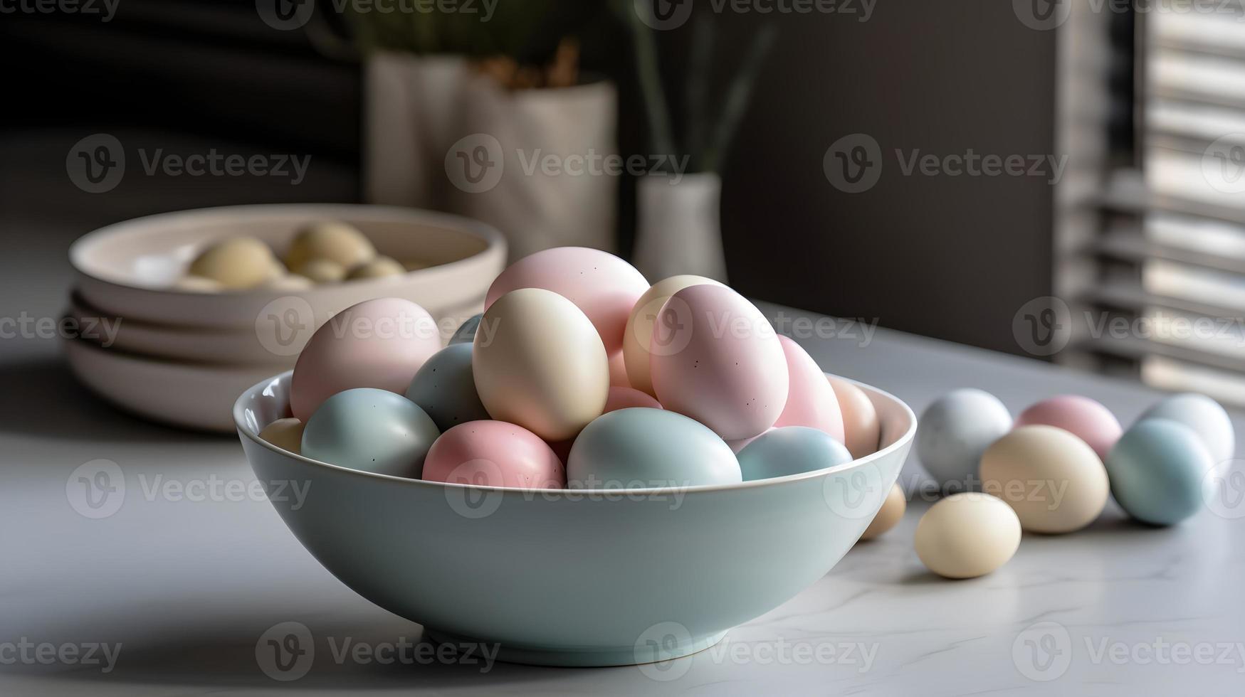 pastello Pasqua uova nel bianca ciotola su tavolo foto