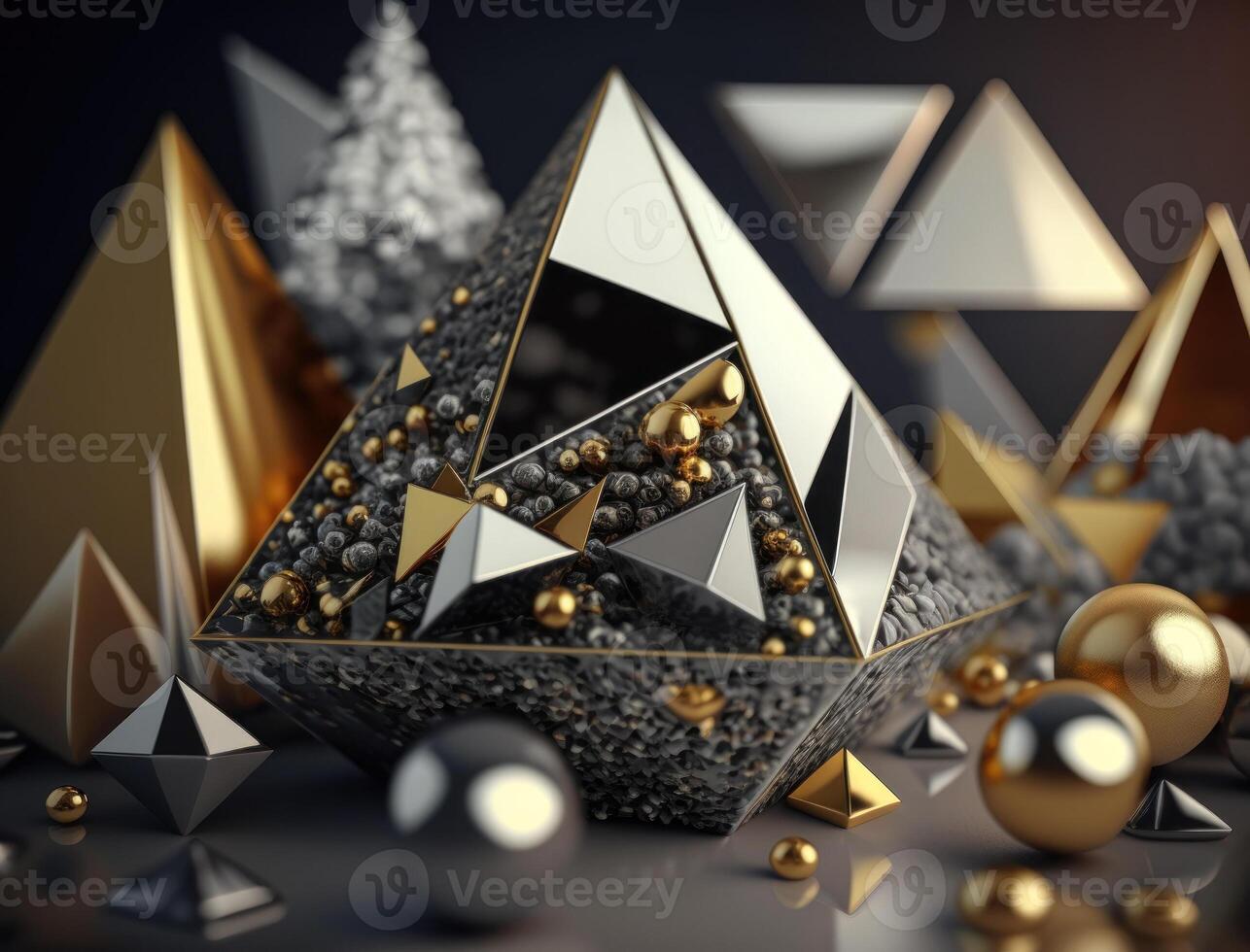 astratto caotico geometrico sfondo lucido piramidi e sfere sfondo creato con generativo ai tecnologia foto
