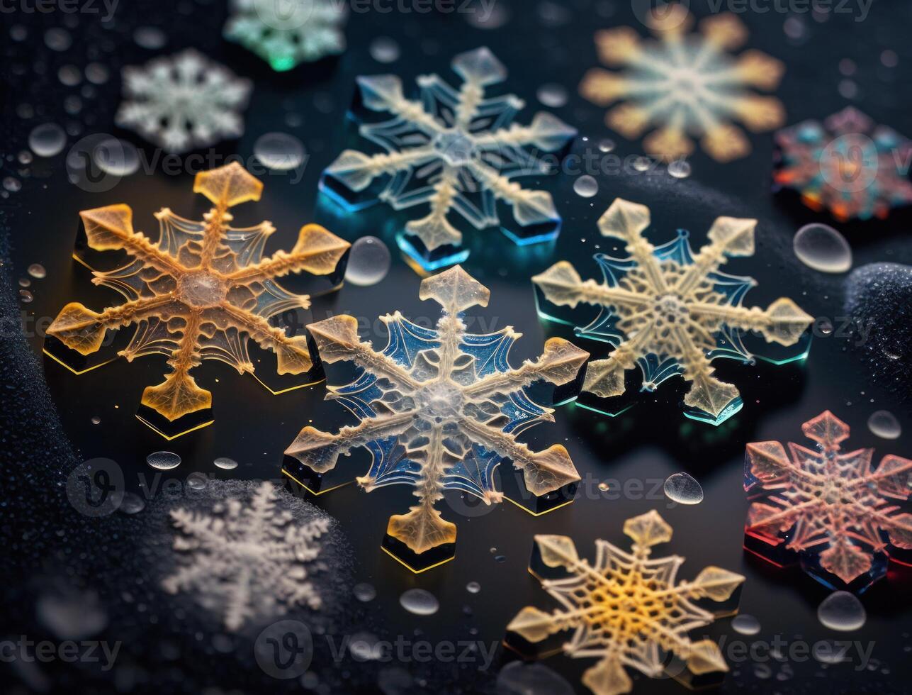 colorato traslucido fiocco di neve su buio sfondo creato con generativo ai tecnologia foto
