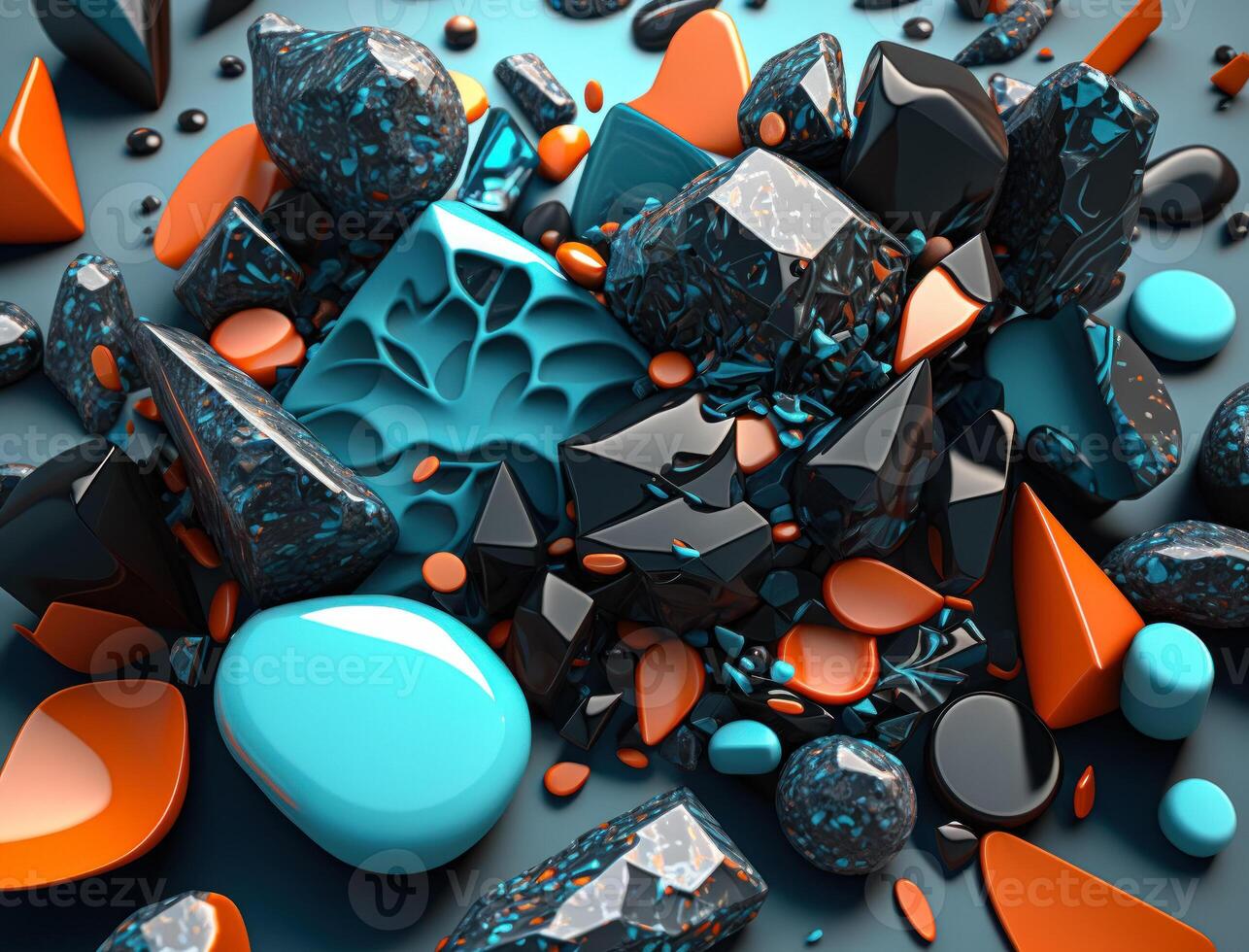 astratto sfondo con geometrico forme nel occhiali da sole di ciano blu e corallo arancia. pietre e ciottoli. generativo ai tecnologia. foto