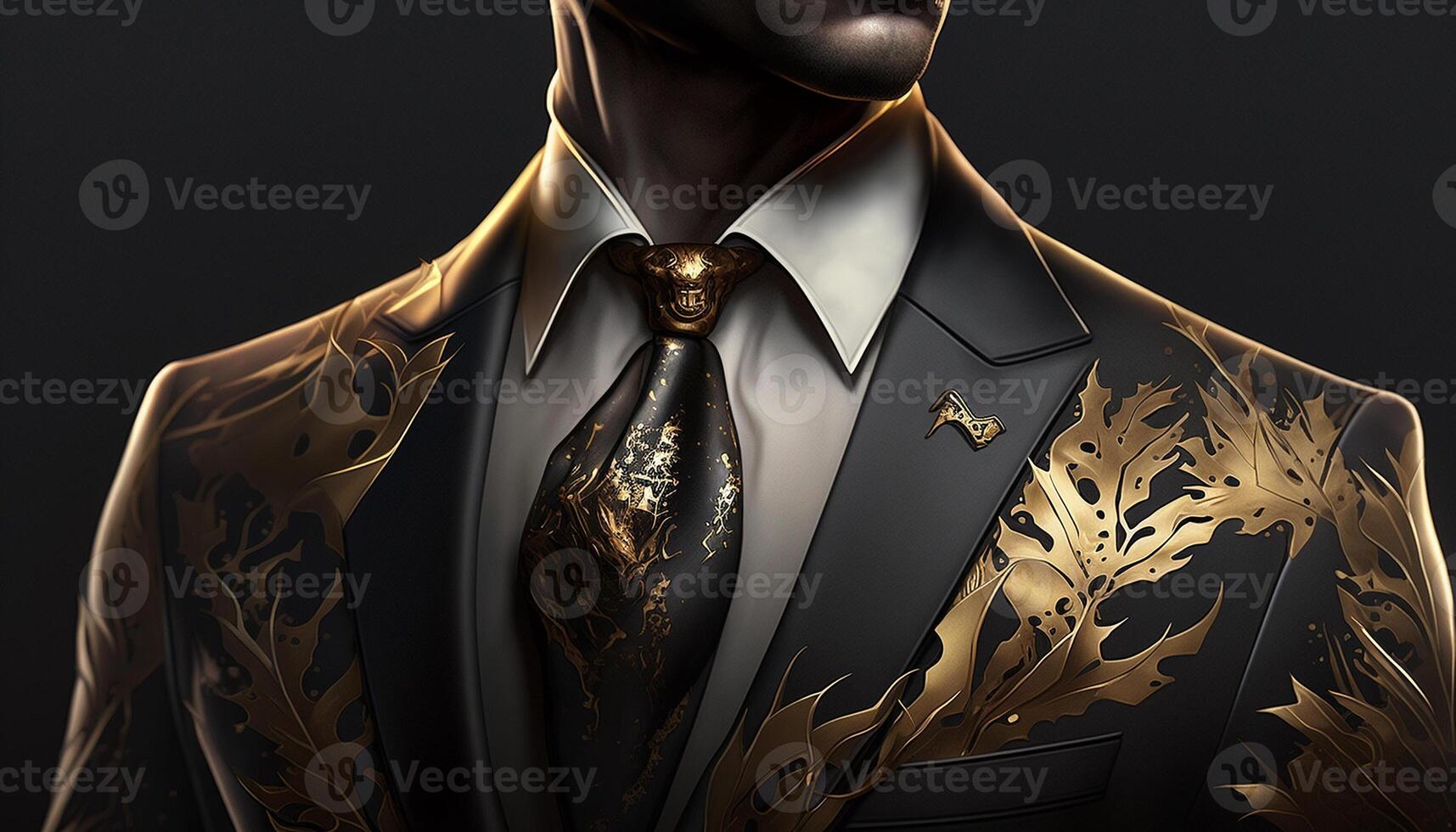 un' avvicinamento silhouette di un' ricco uomo d'affari nel nero e oro completo da uomo. generativo ai foto