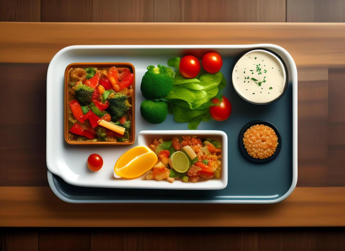 foto superiore Visualizza pasti gustoso delizioso diverso pasticcini e piatti su il Marrone generativo ai superficie