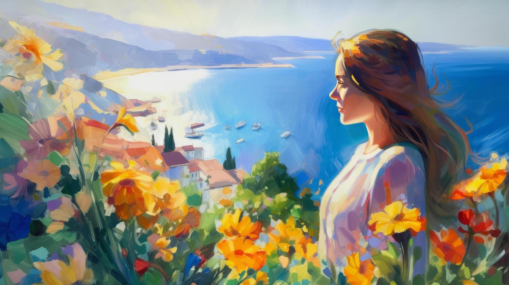 impressionista pittura donna nel estate. illustrazione ai generativo foto