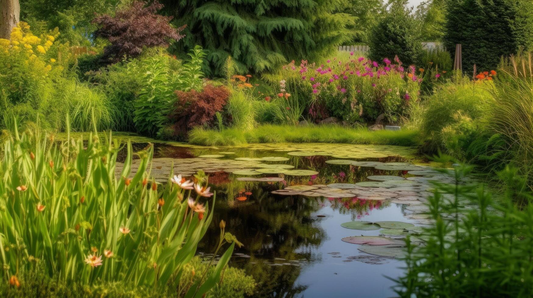 stagno nel il estate giardino. illustrazione ai generativo foto