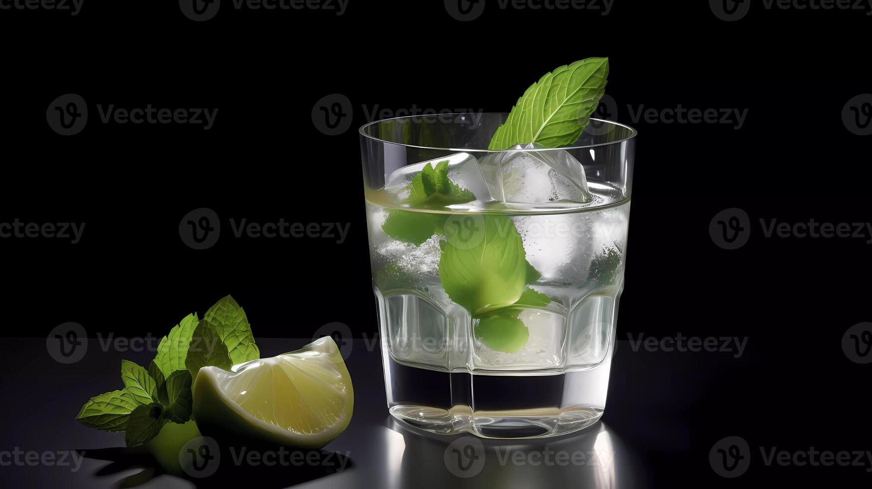 Mojito cocktail su un' tavolo nel estate sbarra, alcool cocktail con Rum, lime, menta, ghiaccio cubi e Marrone zucchero avvicinamento, festa bere. isolato su nero sfondo, selettivo messa a fuoco generativo ai foto