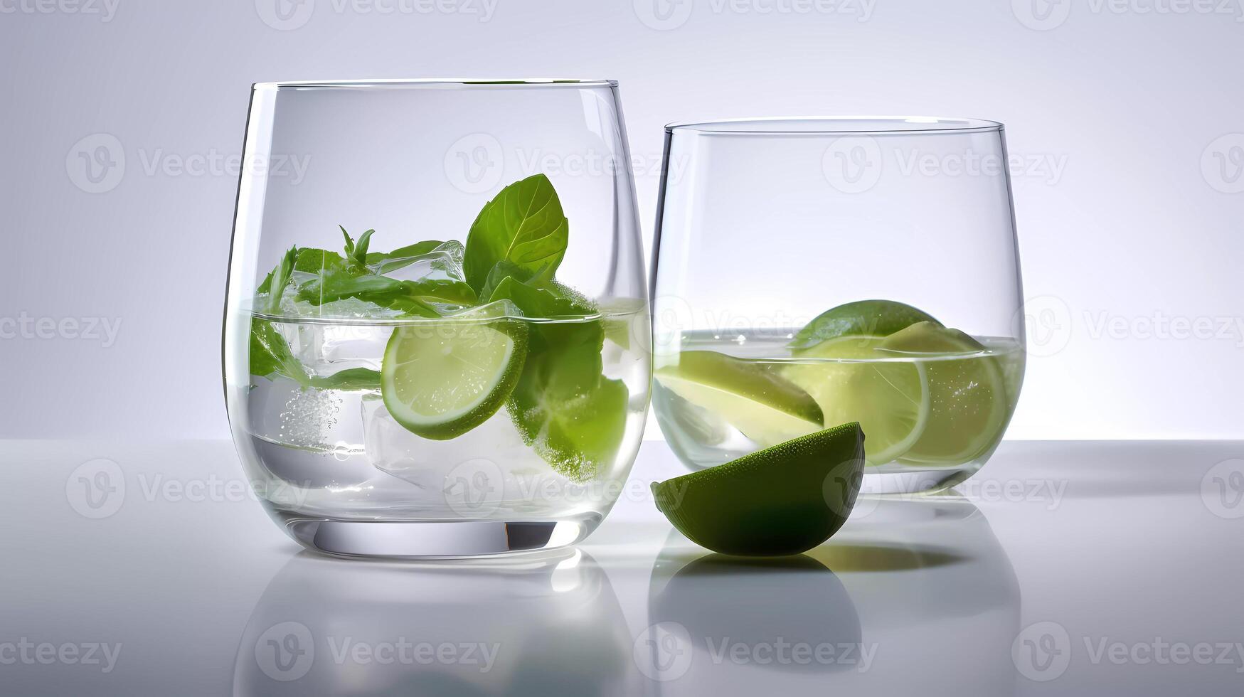 Mojito cocktail su un' tavolo nel estate sbarra, alcool cocktail con Rum, lime, menta, ghiaccio cubi e Marrone zucchero avvicinamento, festa bere. isolato su nero sfondo, selettivo messa a fuoco generativo ai foto