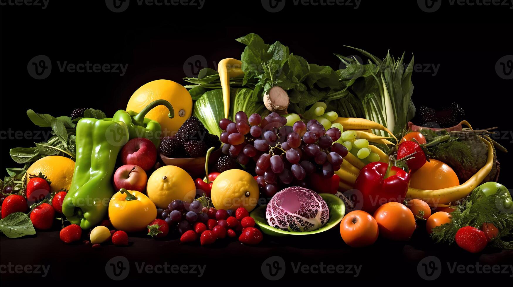 Salute cibo per fitness concetto con immune potenziamento proprietà con frutta, la verdura, erbe aromatiche, Spezia, cereali, e impulsi. alto nel antociani, antiossidanti, inteligente carboidrati, vitamine generativo ai foto