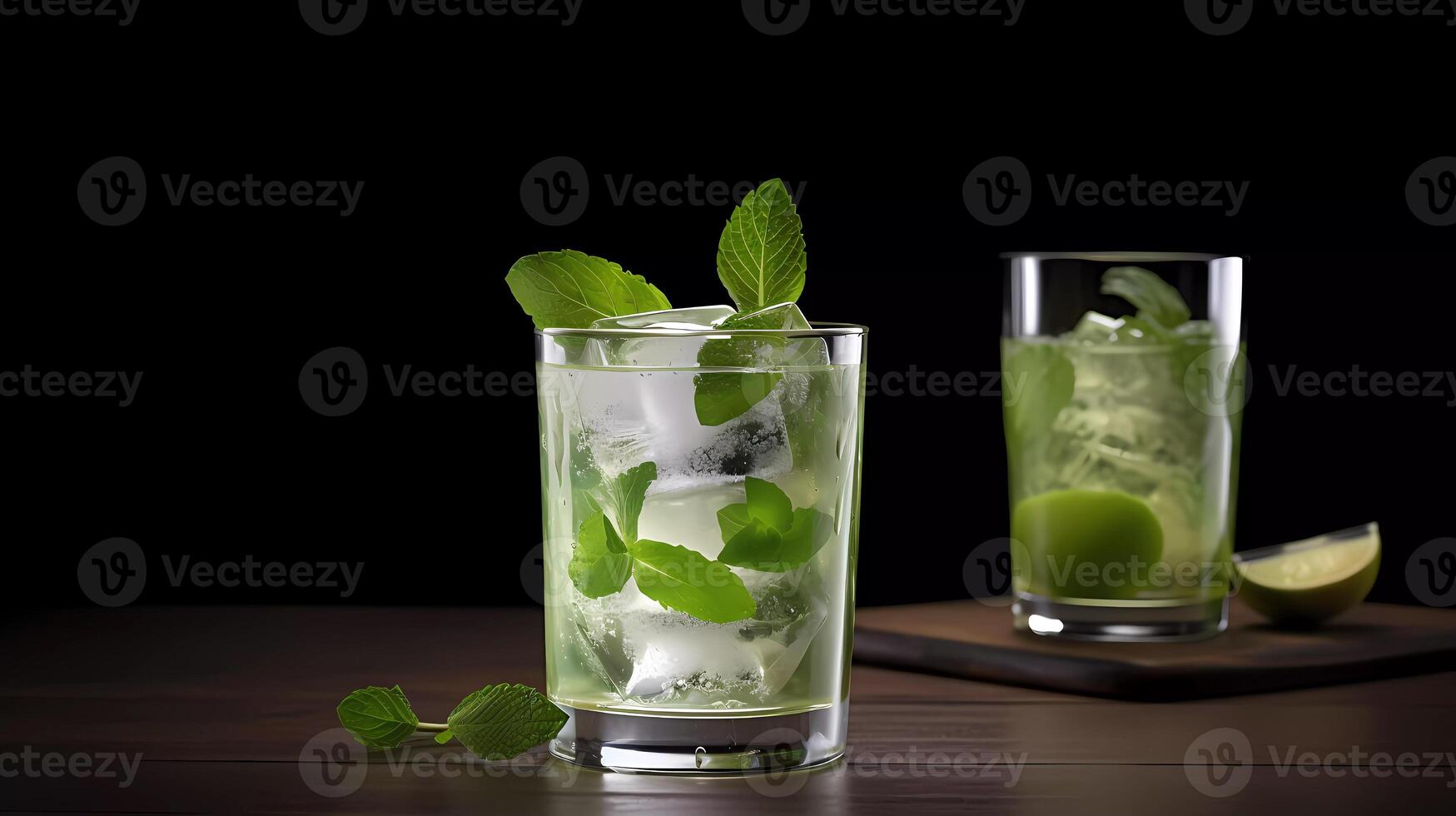 Mojito cocktail su un' tavolo nel estate sbarra, alcool cocktail con Rum, lime, menta, ghiaccio cubi e Marrone zucchero avvicinamento, festa bere. isolato su nero sfondo, selettivo messa a fuoco generativo ai foto