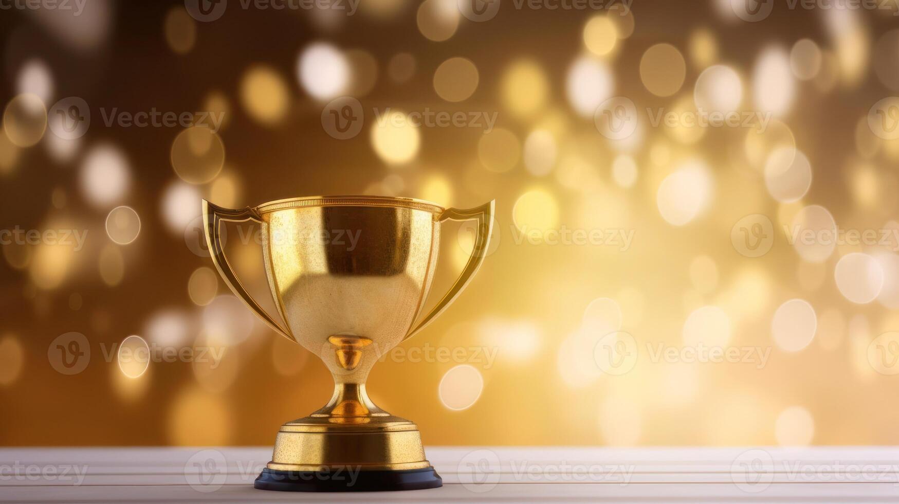 oro trofeo su tavolo e sfocato bokeh sfondo foto