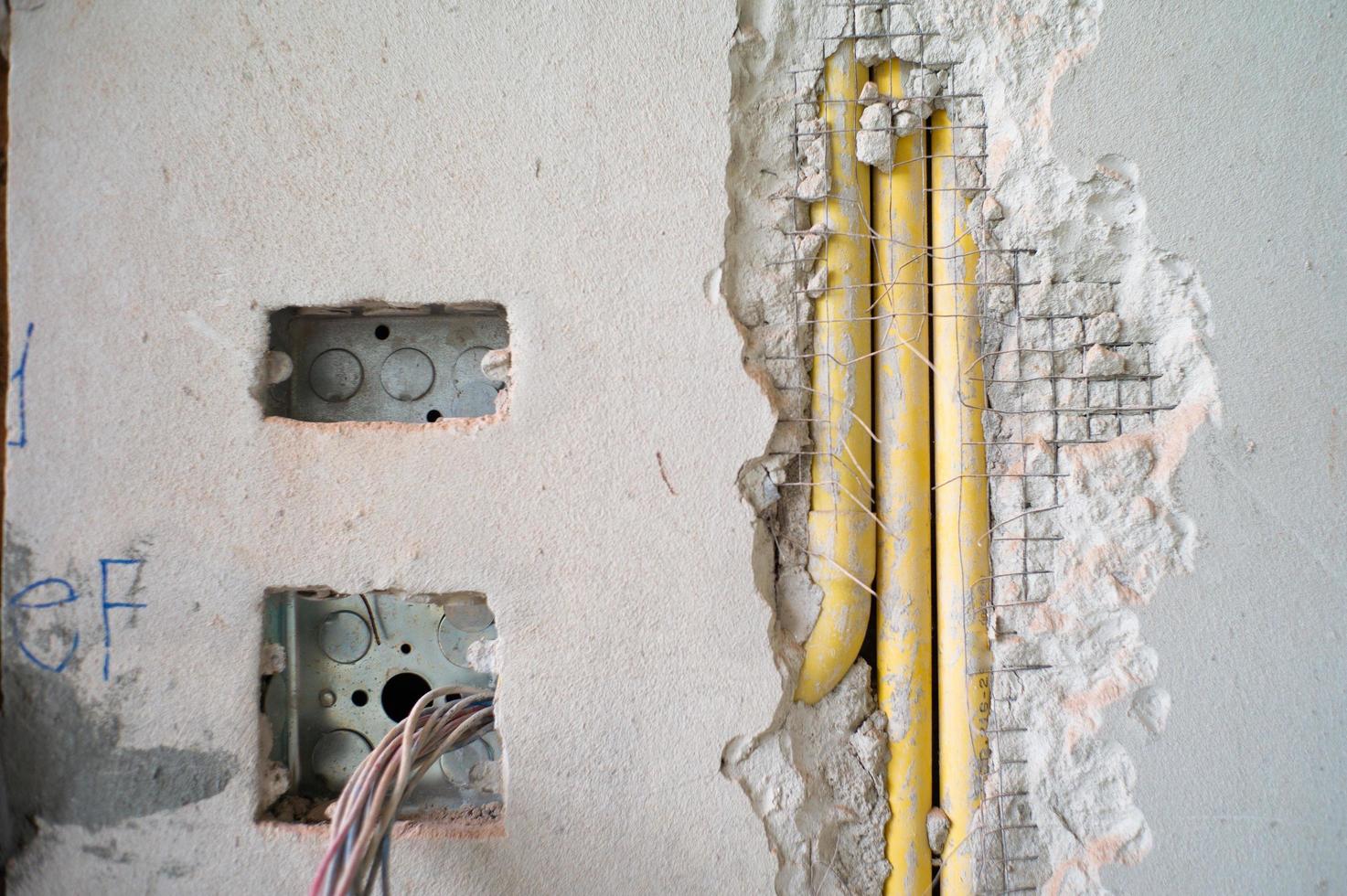 trama astratta e lo sfondo del sistema elettrico sotto isolamento all'interno del muro di cemento foto