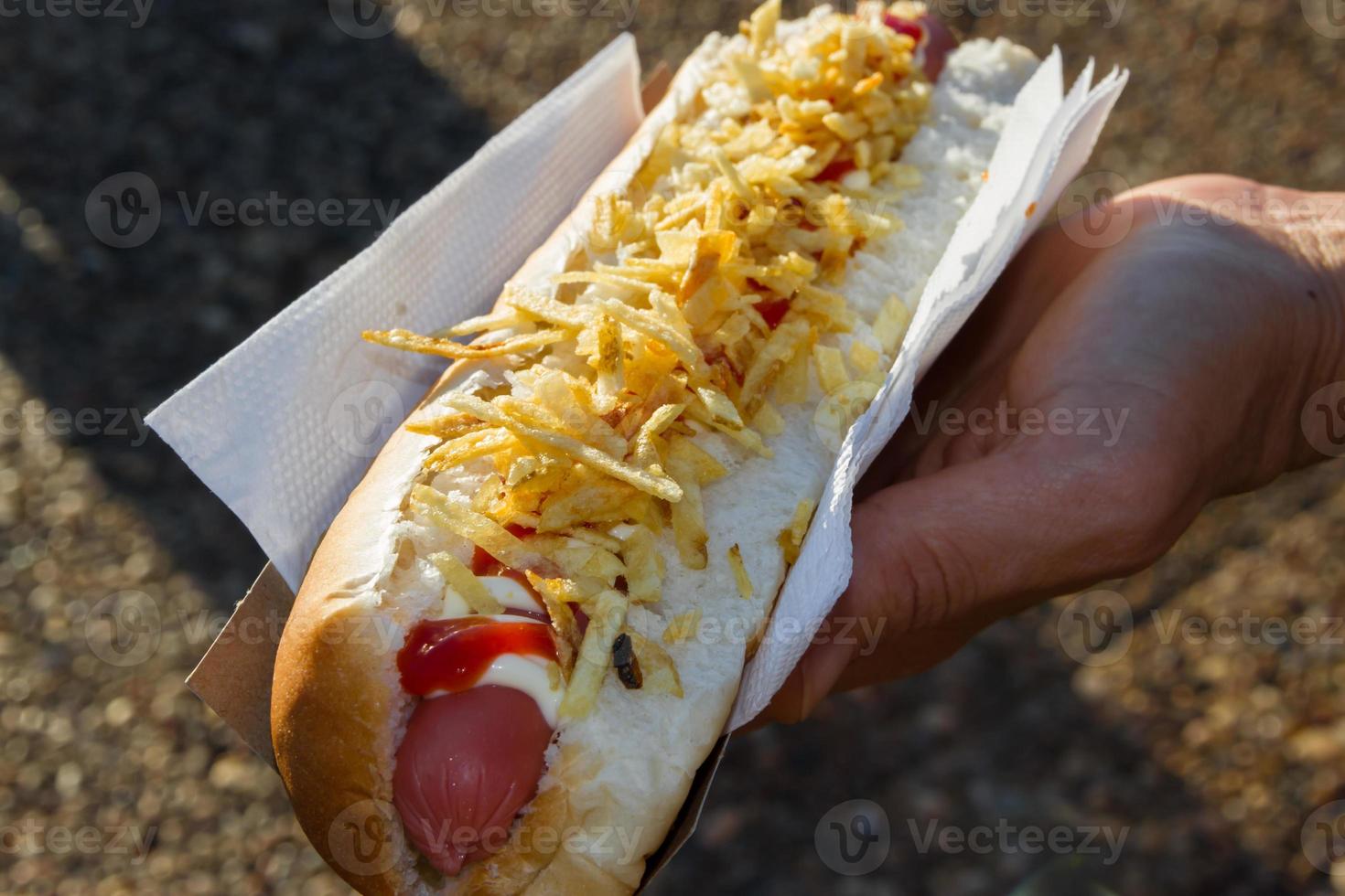 mano Tenere un' sole caldo cane con ketchup e Patata patatine fritte su il spiaggia foto