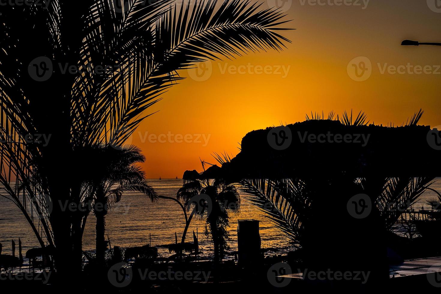 arancia tramonto nel il Turco città di alanya con palma alberi e il mare foto