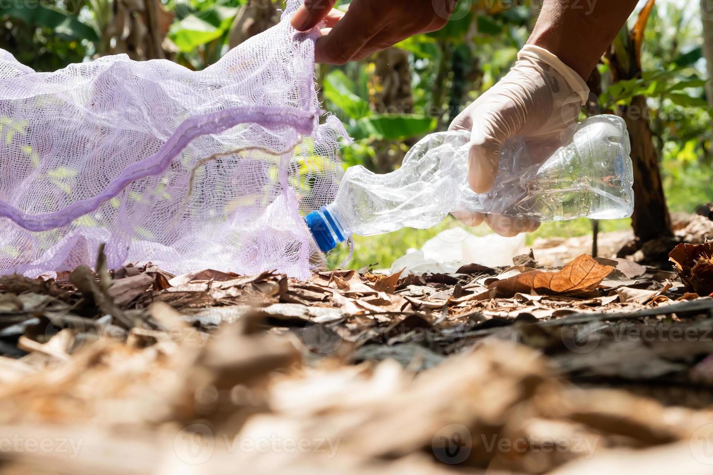 persone mettere plastica bottiglie nel spazzatura borse. agricoltura e clima modificare, micro plastica sciupare. cibo e plastica confezione industria foto