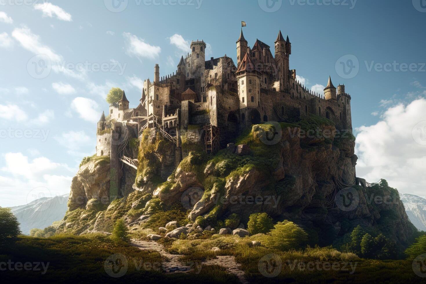 Visualizza su un' grande castello su un' montagna. generato ai. foto