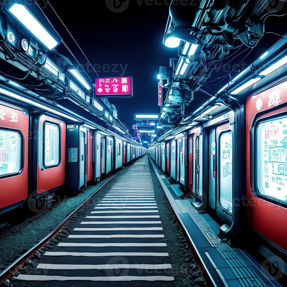 moderno treno stazione piattaforma, generativo arte di ai foto