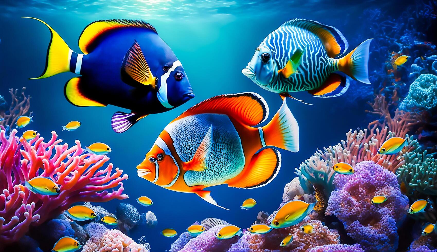 colorato tropicale pesce vita nel il corallo scogliera, animali di il subacqueo mare mondo, generativo ai foto