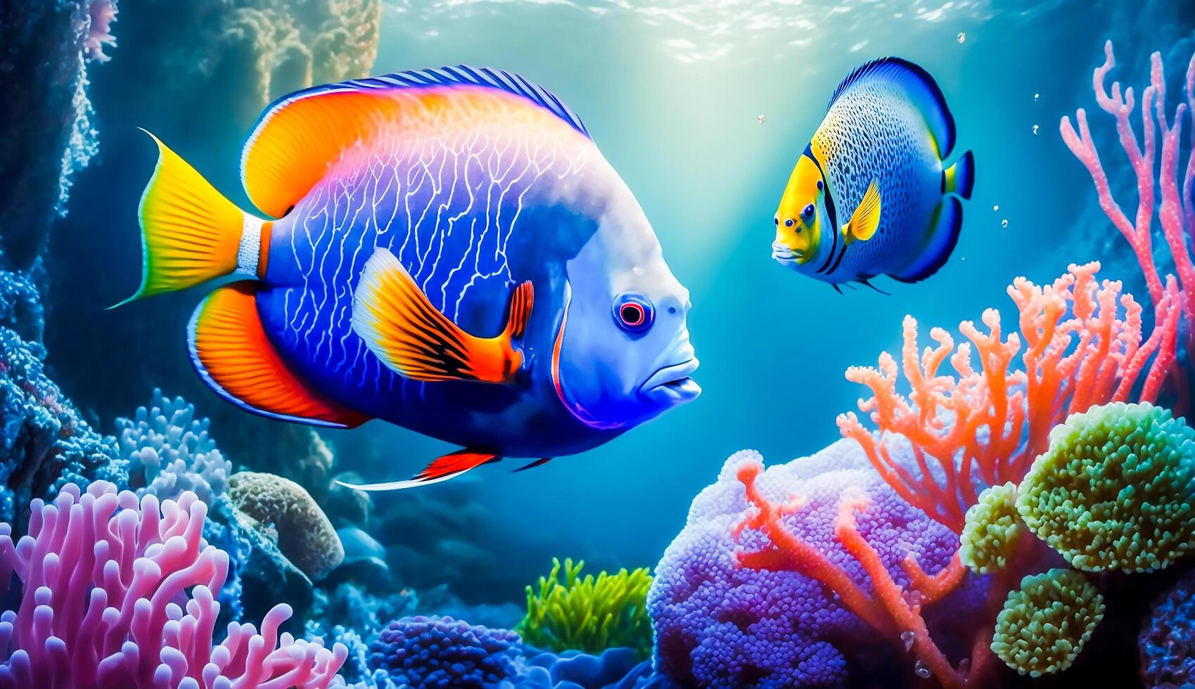 colorato tropicale pesce vita nel il corallo scogliera, animali di il subacqueo mare mondo, generativo ai foto