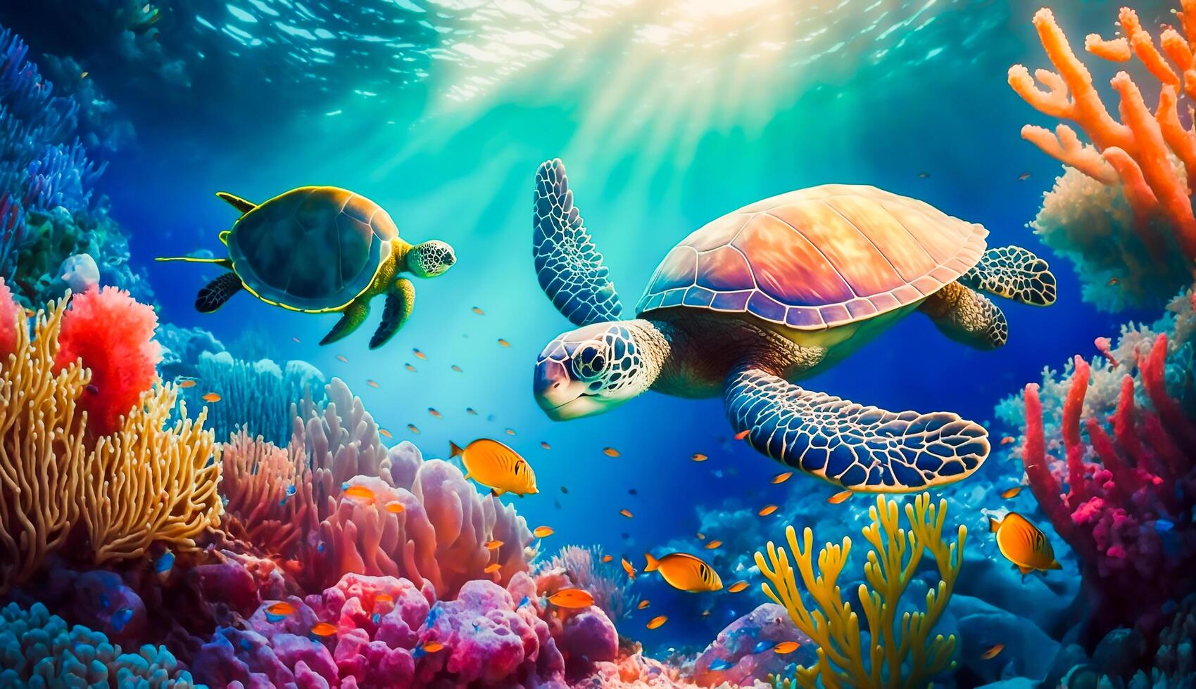 colorato tropicale pesce e tartaruga vita nel il corallo scogliera, animali di il subacqueo mare mondo, generativo ai foto