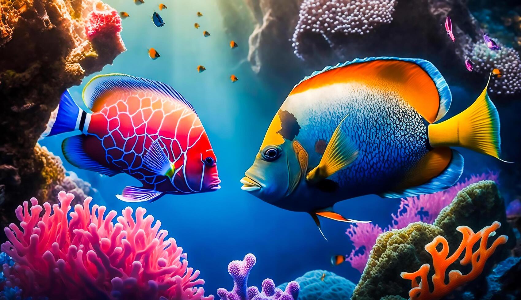 colorato tropicale pesce vita nel il corallo scogliera, animali di il subacqueo mare mondo, generativo ai foto