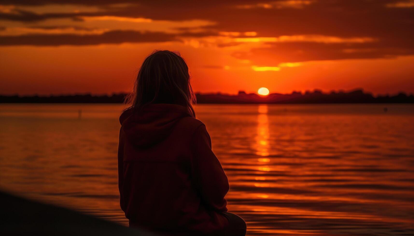 momento di qualcuno Guardando un' bellissimo estate tramonto. generativo ai foto