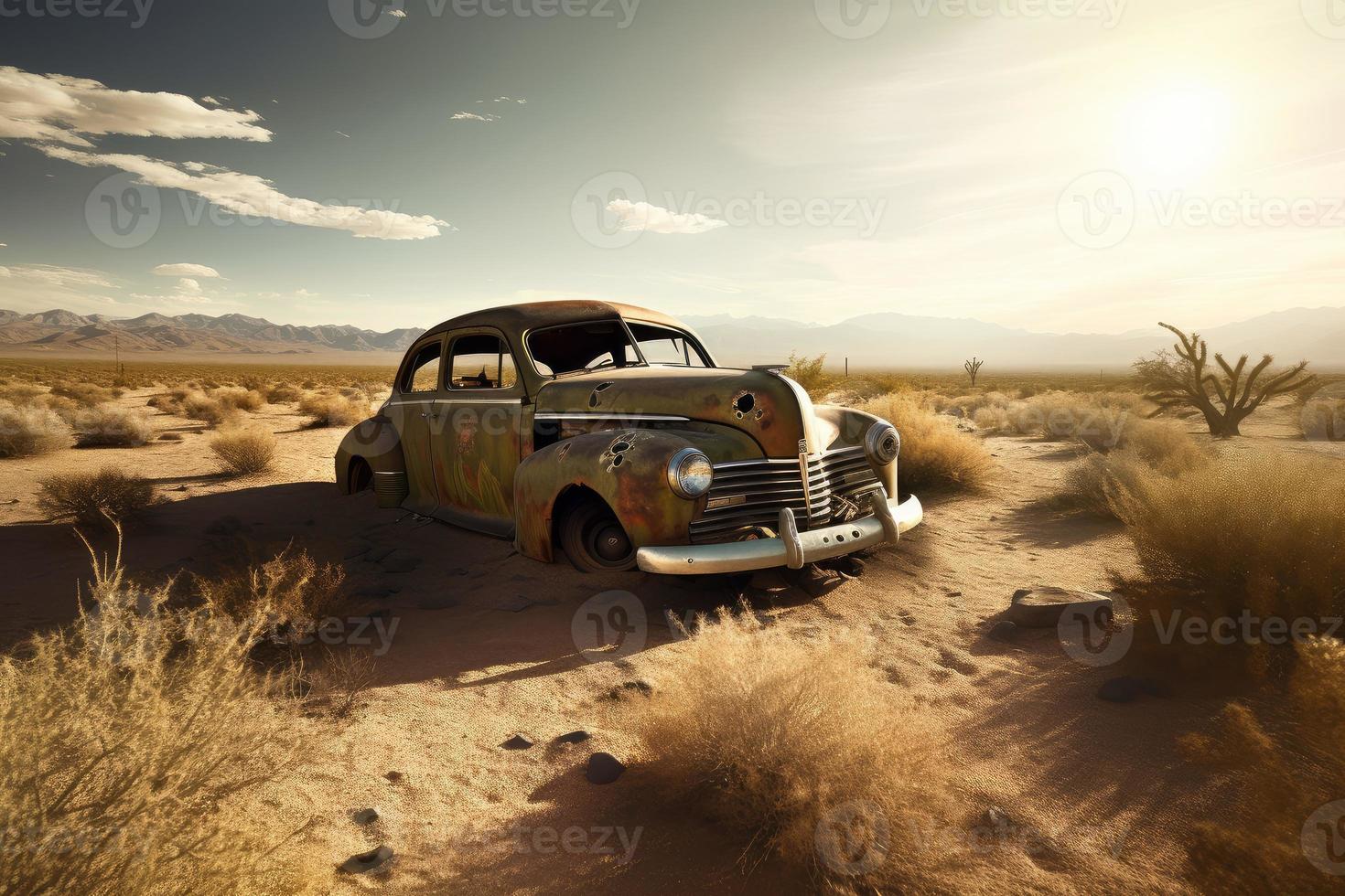 abbandonato vecchio auto nel deserto. creare ai foto