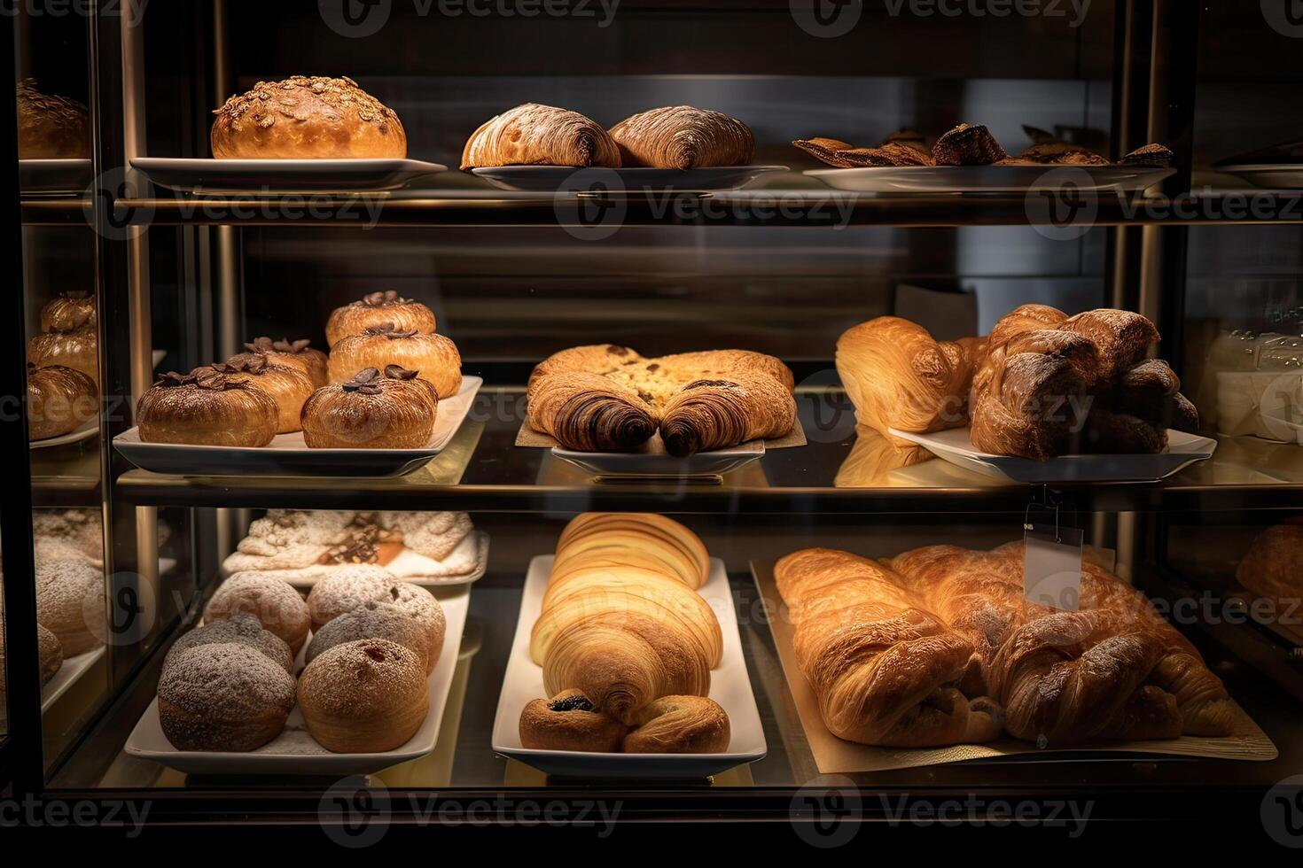 forno interno con Schermo contatori pieno di delizioso pane e pasticcini. negozio un' pasticceria o forno con Cornetti, Mela torte, cialde, e churros. appena al forno pasticcini. generativo ai foto