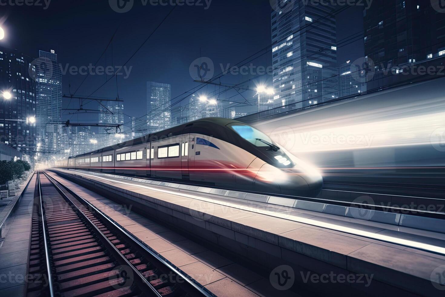 moderno alto velocità treno a notte. veloce treno nel città con movimento sfocatura effetto. generativo ai foto
